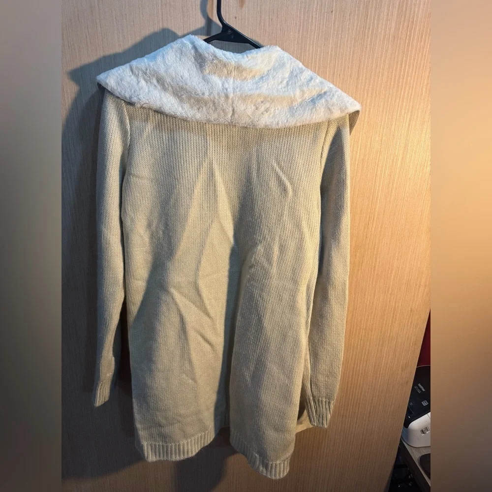 Women’s Cavalini Cream Open-Front Faux-Fur Collar Cardigan Size Small
